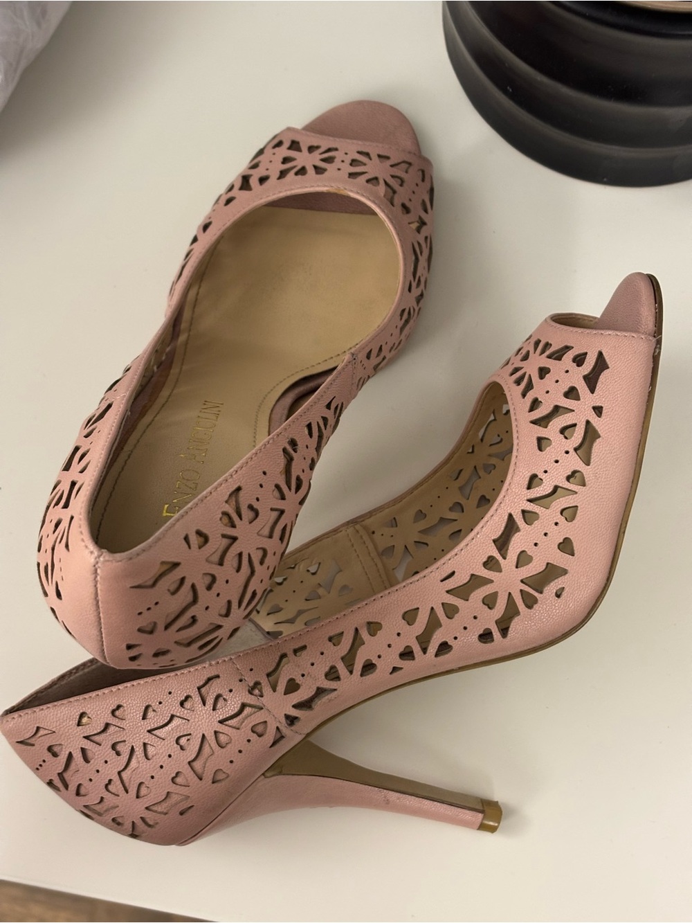Enzo Angiolini Dusty Pink Laser-Cut Peep-Toe Heels